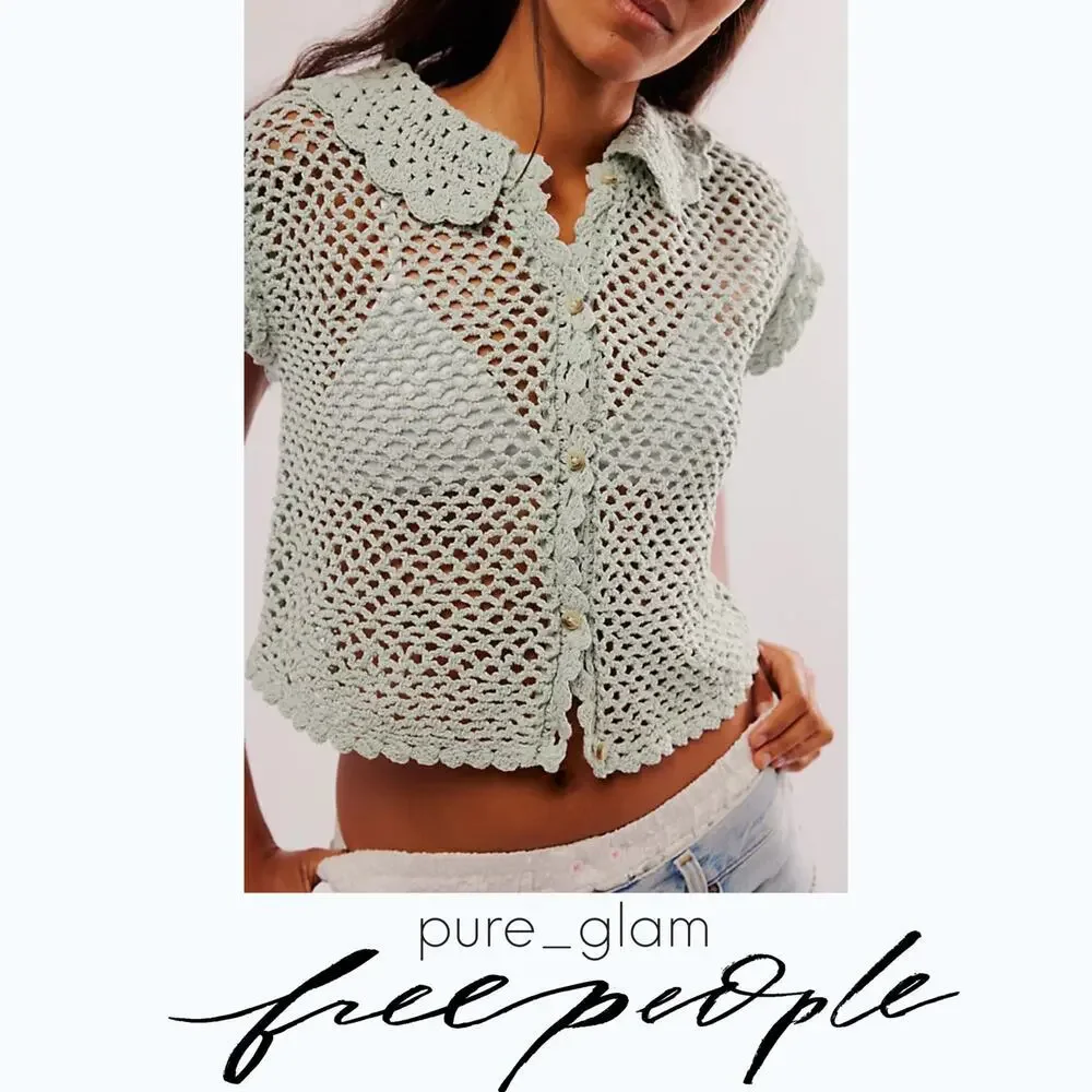 Free People crochet top open knit button-front